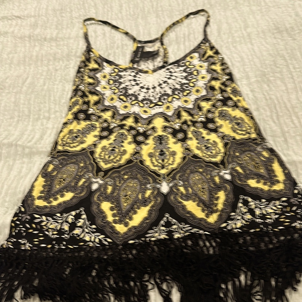 I-N-C beautiful yellow and black racer back tank w fun black fringe at Bottom